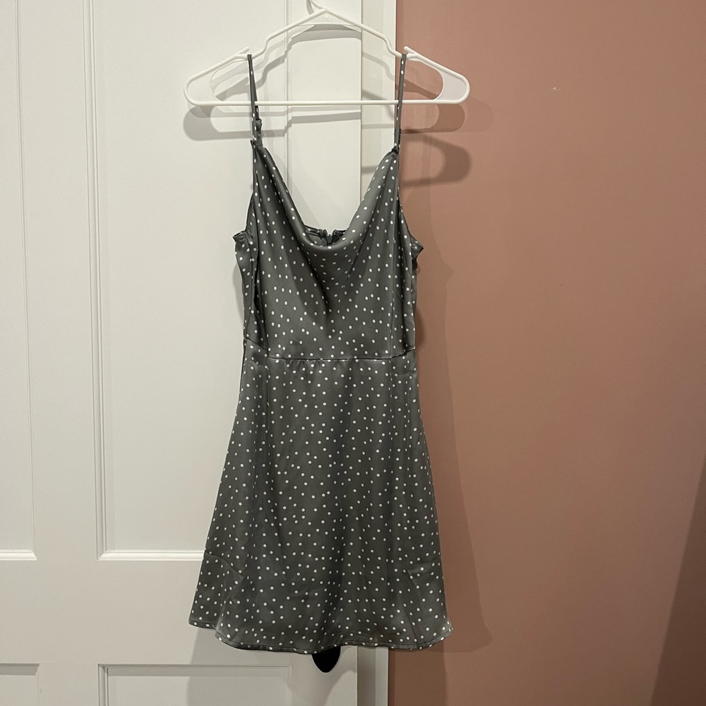 Lulu's Elegant Gray and White Polka Dot Dress